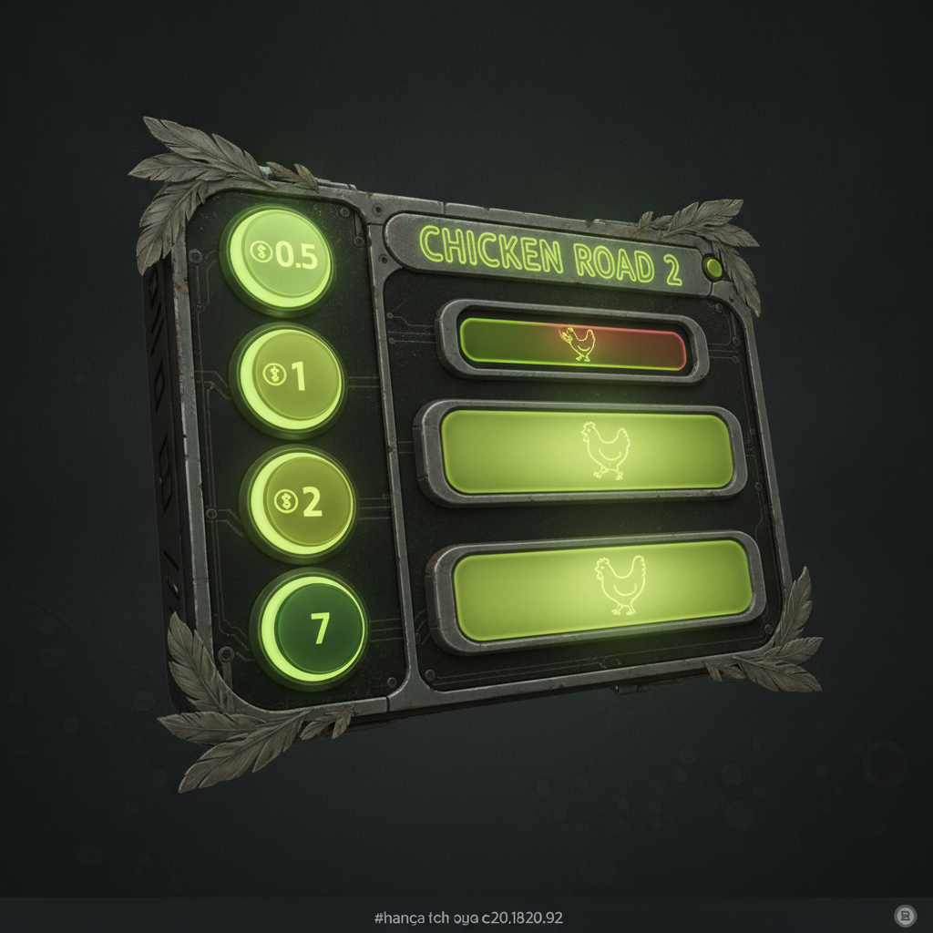 Panneau de contrôle de Chicken Road 2 : mises rapides 0,5 / 1 / 2 / 7 $ et sélecteur de difficulté